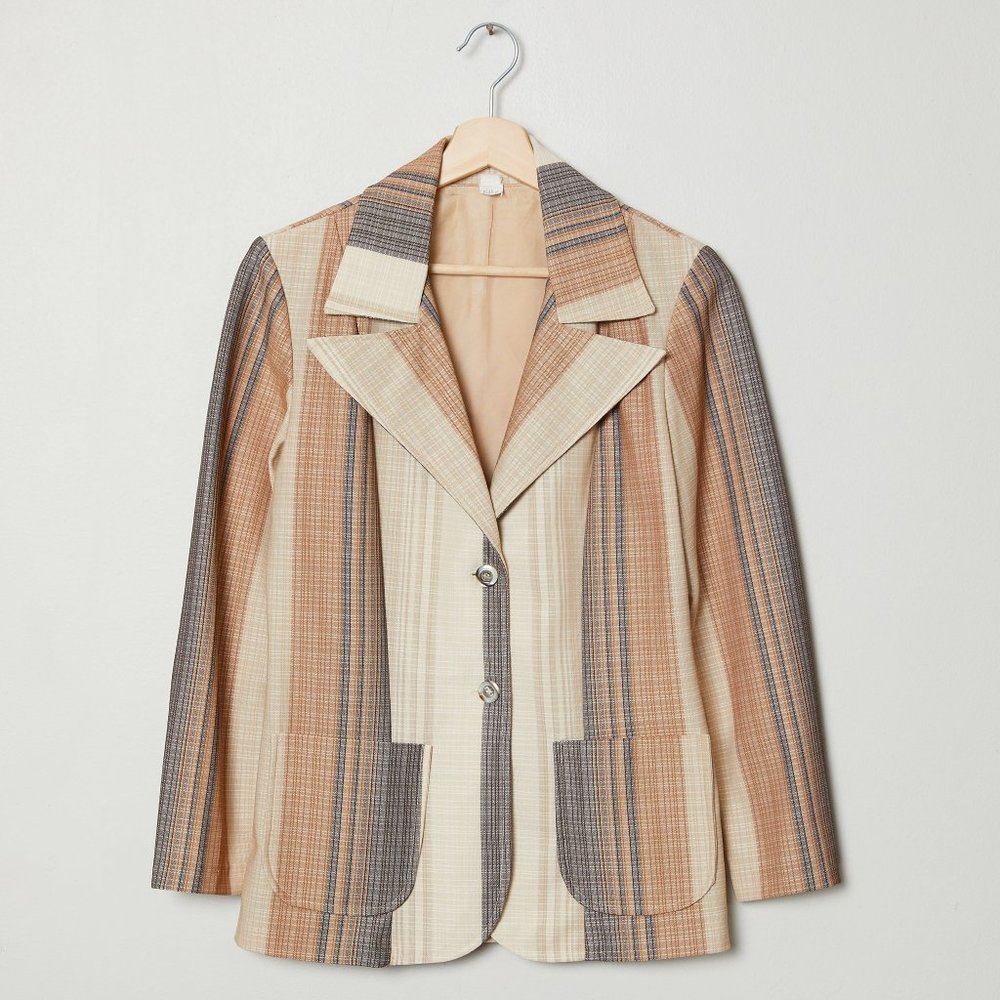 Vtg 70s Tan Striped Blazer S